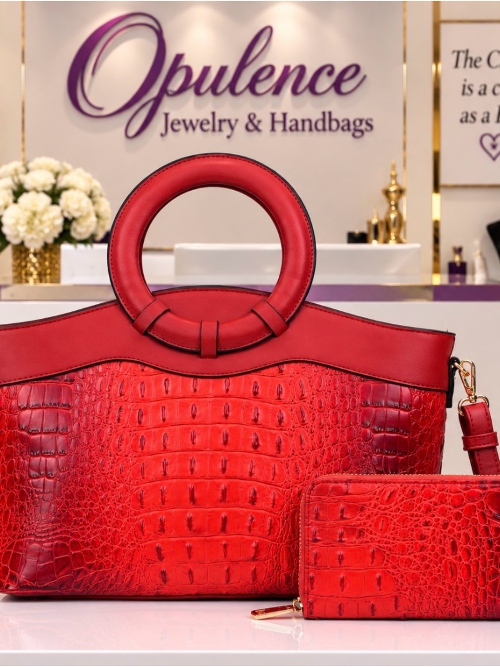 Red Croc-Embossed top handle  with Wallet